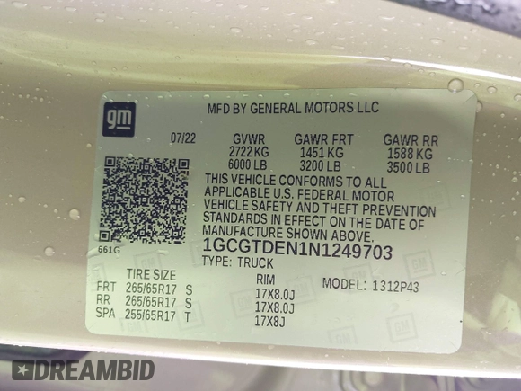 2022 Chevrolet Colorado 4WD Z71 with VIN 1GCGTDEN1N1249703, listed as a IAAI auction lot 42422767 with 73,524 mi miles and . Bid and sale history available at DreamBid. Image 9.