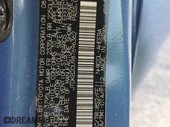 2008 Toyota Prius with VIN JTDKB20U987696362, listed as a Copart auction lot 53090085 with 155,902 mi miles and Salvage Title. Bid and sale history available at DreamBid. Image 15.