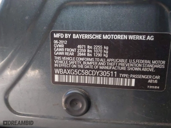 2012 BMW 5 Series 528i with VIN WBAXG5C58CDY30511, listed as a IAAI auction lot 41564075 with 168,106 mi miles. Bid and sale history available at carsss.com. Image 9.