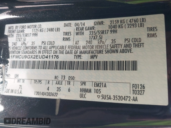 2014 Ford Escape SE with VIN 1FMCU9GX2EUD41176, listed as a IAAI auction lot 42028822 with 101,595 mi miles and . Bid and sale history available at DreamBid. Image 9.