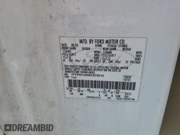 2005 Ford F-150 XLT z VIN 1FTPW12595FB75010, wystawiony jako Copart lot #59337705 z przebiegiem 148 663 mil mil oraz Szkoda całkowita • Salvage title. Historia ofert i sprzedaży dostępna na DreamBid. Obrazek 12.