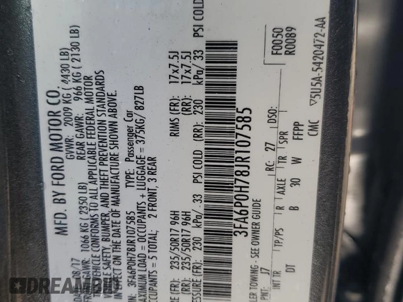 2018 Ford Fusion SE with VIN 3FA6P0H78JR107585, listed as a Copart auction lot 49971405 with 98,727 mi miles and Salvage Title. Bid and sale history available at DreamBid. Image 12.