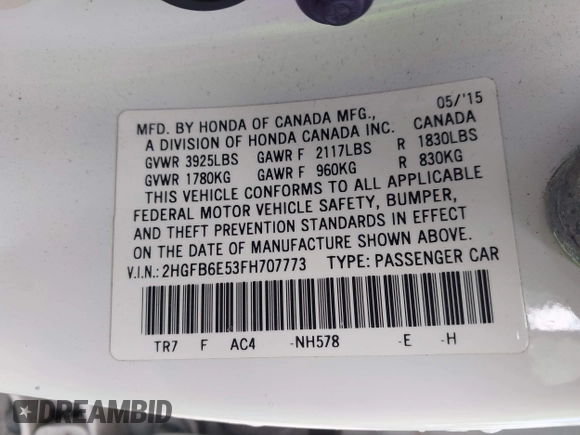2015 Honda Civic Sedan Si with VIN 2HGFB6E53FH707773, listed as a IAAI auction lot 41427654 with 90,583 mi miles. Bid and sale history available at carsss.com. Image 9.