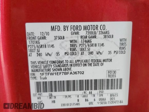 2011 Ford F-150 XL с VIN 1FTFW1EF7BFA36702, выставлен на аукционе Copart как лот 59961635 с пробегом 164 522 миль миль и Чистый • Clean title. История ставок и продаж доступна на DreamBid. Изображение 12.