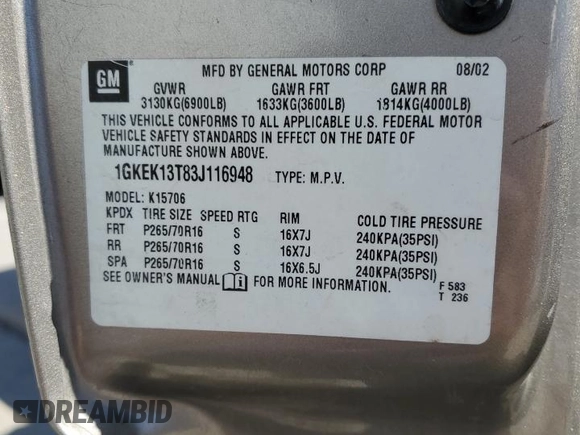 2003 GMC Yukon SLT with VIN 1GKEK13T83J116948, listed as a Copart auction lot 69048594 with 0 mi miles and Salvage Title. Bid and sale history available at carsss.com. Image 13.