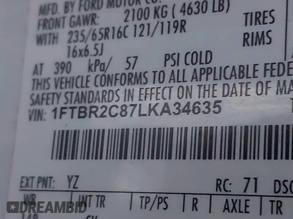 2020 Ford Transit Cargo z VIN 1FTBR2C87LKA34635, wystawiony jako IAAI lot #41201981 z przebiegiem 89 814 mil mil oraz . Historia ofert i sprzedaży dostępna na DreamBid. Obrazek 9.
