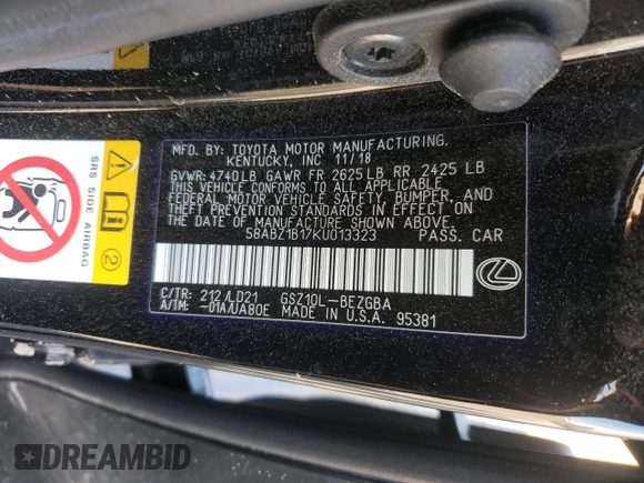 2019 Lexus ES 350 with VIN 58ABZ1B17KU013323, listed as a Copart auction lot 50030205 with 82,549 mi miles and Salvage Title. Bid and sale history available at DreamBid. Image 13.