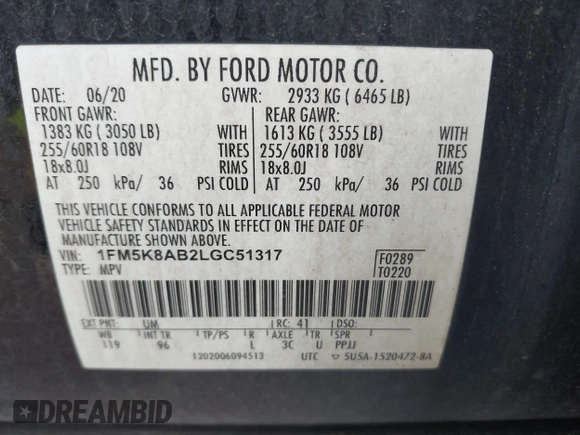 2020 Ford Police Interceptor Utility z VIN 1FM5K8AB2LGC51317, wystawiony jako IAAI lot #41755681 z przebiegiem 102 945 mil mil oraz . Historia ofert i sprzedaży dostępna na DreamBid. Obrazek 9.