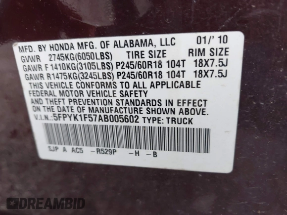 2010 Honda Ridgeline RTL with VIN 5FPYK1F57AB005602, listed as a IAAI auction lot 42208633 with 106,777 mi miles and . Bid and sale history available at DreamBid. Image 9.
