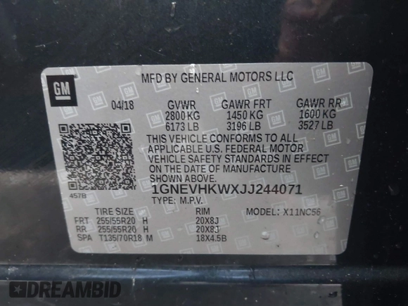 2018 Chevrolet Traverse LT Leather with VIN 1GNEVHKWXJJ244071, listed as a IAAI auction lot 41154123 with 1 mi miles. Bid and sale history available at carsss.com. Image 9.