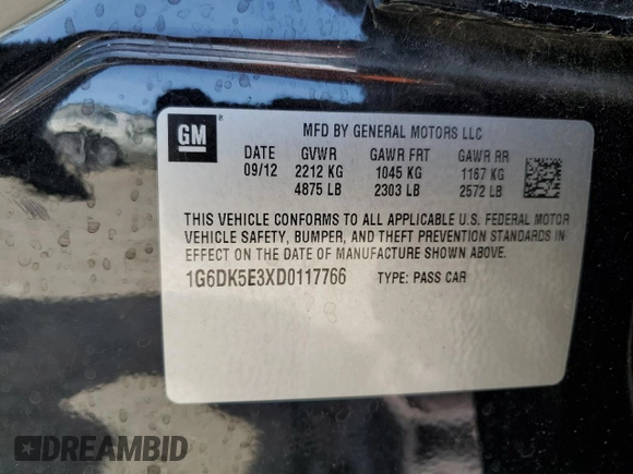 2013 Cadillac CTS Performance with VIN 1G6DK5E3XD0117766, listed as a Copart auction lot 53396315 with 39,620 mi miles and Salvage title. Bid and sale history available at DreamBid. Image 14.