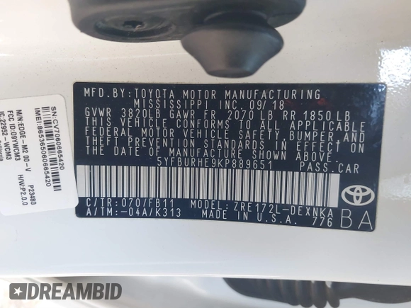 2019 Toyota Corolla L z VIN 5YFBURHE9KP889651, wystawiony jako IAAI lot #41651217 z przebiegiem 95 598 mil mil oraz . Historia ofert i sprzedaży dostępna na DreamBid. Obrazek 9.