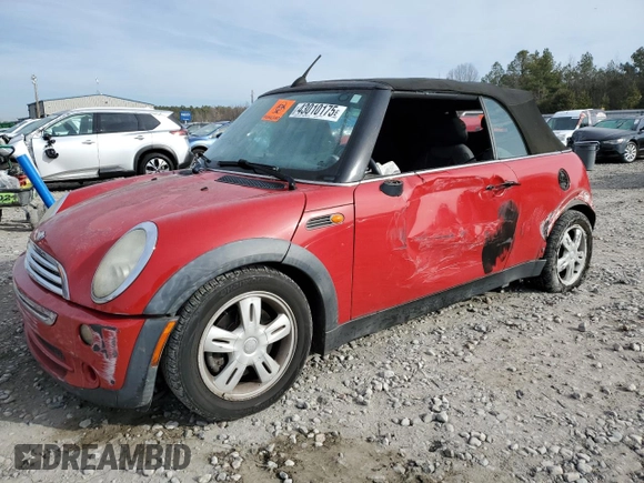 2005 MINI Convertible with VIN WMWRF33525TG12494, listed as a Copart auction lot 43010175 with Not provided miles and Salvage title. Bid and sale history available at DreamBid. Image 1.
