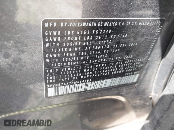 2023 Volkswagen Tiguan SE with VIN 3VVNB7AX2PM064599, listed as a IAAI auction lot 41923005 with Not provided miles and . Bid and sale history available at DreamBid. Image 9.