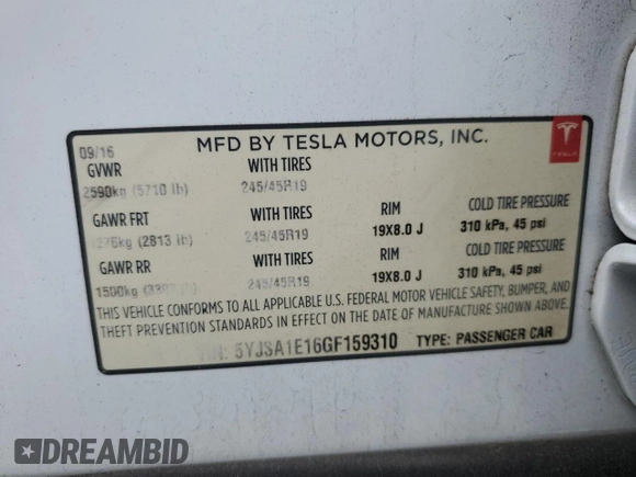 2016 Tesla Model S 70 with VIN 5YJSA1E16GF159310, listed as a Copart auction lot 53568125 with 146,531 mi miles and Salvage title. Bid and sale history available at DreamBid. Image 12.
