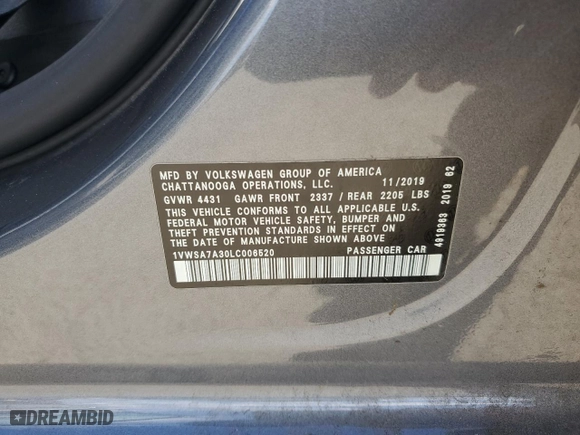 2020 Volkswagen Passat 2.0T SE with VIN 1VWSA7A30LC006520, listed as a Copart auction lot 48191005 with 93,932 mi miles and Salvage Title. Bid and sale history available at carsss.com. Image 14.