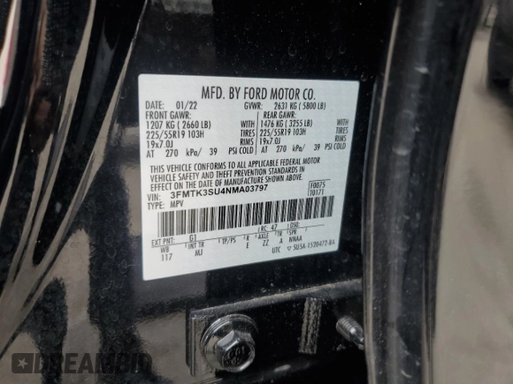 2022 Ford Mustang Mach-E Premium z VIN 3FMTK3SU4NMA03797, wystawiony jako Copart lot #55990545 z przebiegiem 38 004 mil mil oraz Szkoda całkowita • Salvage title. Historia ofert i sprzedaży dostępna na DreamBid. Obrazek 13.