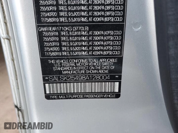 2008 Land Rover Range Rover Sport HSE z VIN SALSK25498A128004, wystawiony jako Copart lot #59326645 z przebiegiem 150 093 mil mil oraz Szkoda całkowita • Salvage title. Historia ofert i sprzedaży dostępna na DreamBid. Obrazek 13.