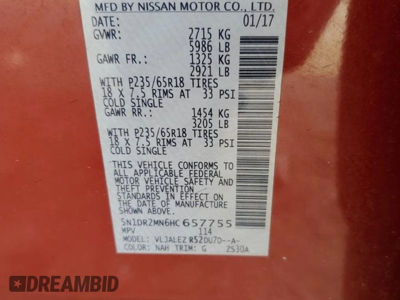 2017 Nissan Pathfinder SL with VIN 5N1DR2MN6HC657755, listed as a Copart auction lot 53491615 with 83,065 mi miles and Clean title. Bid and sale history available at DreamBid. Image 13.