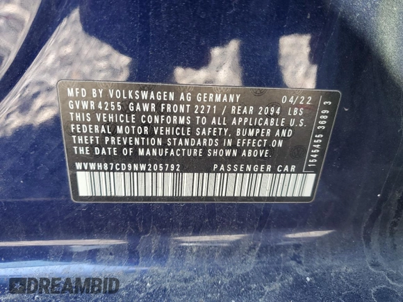 2022 Volkswagen GTI with VIN WVWH87CD9NW205792, listed as a Copart auction lot 48170955 with 51,430 mi miles and Salvage title. Bid and sale history available at DreamBid. Image 13.