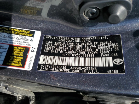 2012 Toyota Camry L with VIN 4T1BF1FK3CU159898, listed as a Copart auction lot 50709035 with 217,241 mi miles and Salvage Title. Bid and sale history available at carsss.com. Image 15.