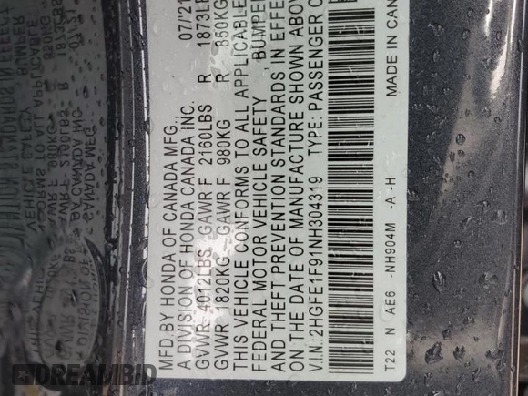 2022 Honda Civic Touring z VIN 2HGFE1F91NH304319, wystawiony jako Copart lot #55896485 z przebiegiem 56 476 mil mil oraz Szkoda całkowita • Salvage title. Historia ofert i sprzedaży dostępna na DreamBid. Obrazek 13.