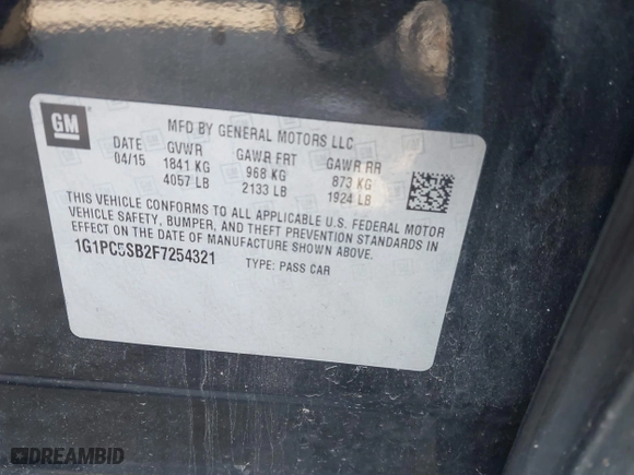 2015 Chevrolet Cruze LT with VIN 1G1PC5SB2F7254321, listed as a IAAI auction lot 40970149 with 129,174 mi miles. Bid and sale history available at carsss.com. Image 9.