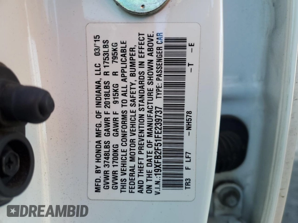 2015 Honda Civic Sedan LX with VIN 19XFB2F51FE239737, listed as a Copart auction lot 54091295 with 147,042 mi miles and Salvage Title. Bid and sale history available at carsss.com. Image 12.