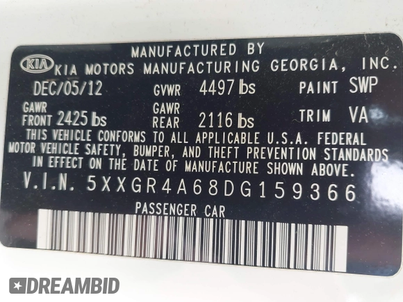 2013 Kia Optima SX with VIN 5XXGR4A68DG159366, listed as a IAAI auction lot 42391939 with 225,728 mi miles and . Bid and sale history available at DreamBid. Image 9.