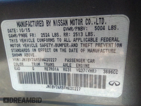 2015 Infiniti Q50 Premium with VIN JN1BV7AR5FM420227, listed as a IAAI auction lot 38428559 with 201,063 mi miles and . Bid and sale history available at DreamBid. Image 9.