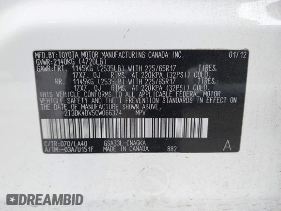 2012 Toyota RAV4 Limited with VIN 2T3DK4DV5CW066374, listed as a IAAI auction lot 41900021 with 160,613 mi miles. Bid and sale history available at carsss.com. Image 9.