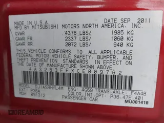 2012 Mitsubishi Galant ES with VIN 4A32B3FFXCE009762, listed as a IAAI auction lot 41943484 with 159,270 mi miles. Bid and sale history available at carsss.com. Image 9.