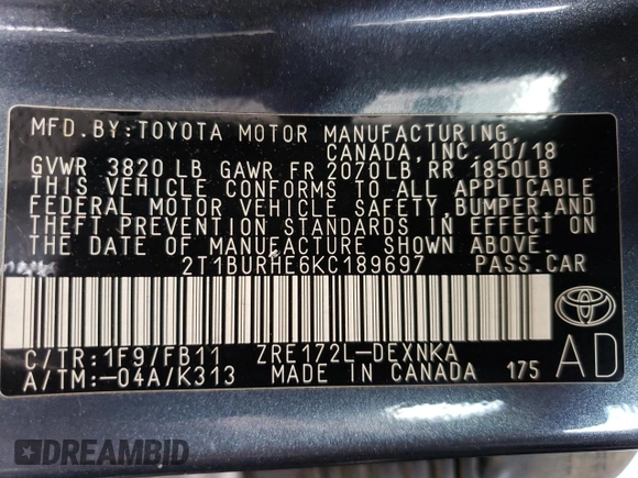 2019 Toyota Corolla L z VIN 2T1BURHE6KC189697, wystawiony jako Copart lot #53705735 z przebiegiem 62 631 mil mil oraz Szkoda całkowita • Salvage title. Historia ofert i sprzedaży dostępna na DreamBid. Obrazek 12.