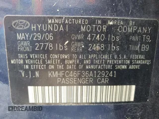 2006 Hyundai Azera SE with VIN KMHFC46F36A129241, listed as a Copart auction lot 51295615 with Not provided miles and Salvage title. Bid and sale history available at DreamBid. Image 13.