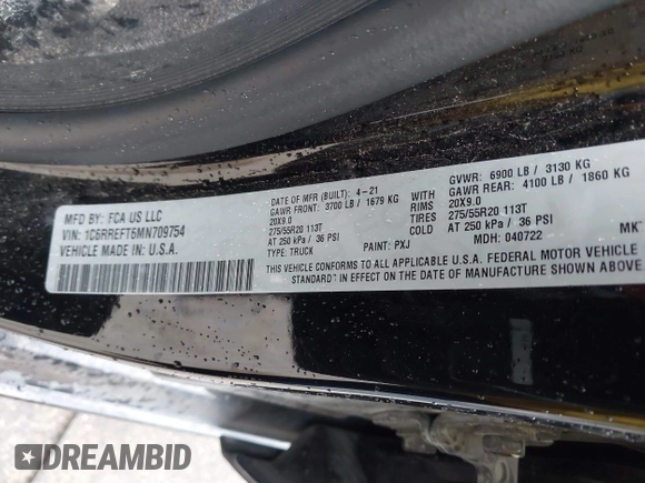 2021 Ram 1500 Lone Star with VIN 1C6RREFT6MN709754, listed as a IAAI auction lot 42189437 with 73,542 mi miles and . Bid and sale history available at DreamBid. Image 9.