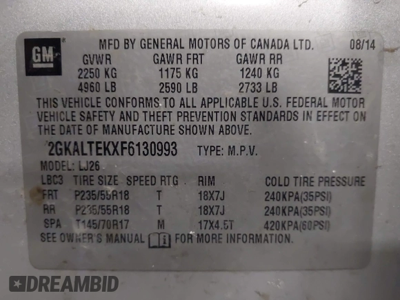 2015 GMC Terrain SLT with VIN 2GKALTEKXF6130993, listed as a IAAI auction lot 42084616 with 129,542 mi miles and . Bid and sale history available at DreamBid. Image 9.