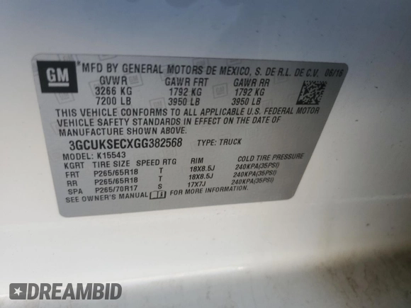 2016 Chevrolet Silverado 1500 LTZ with VIN 3GCUKSECXGG382568, listed as a Copart auction lot 53109335 with 125,163 mi miles and Clean Title. Bid and sale history available at DreamBid. Image 12.