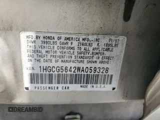 1998 Honda Accord LX с VIN 1HGCG5642WA059328, выставлен на аукционе Copart как лот 59868635 с пробегом 169 317 миль миль и Списание • Salvage title. История ставок и продаж доступна на DreamBid. Изображение 13.