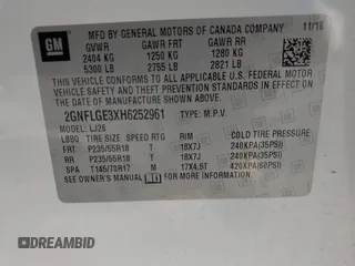 2017 Chevrolet Equinox Premier with VIN 2GNFLGE3XH6252961, listed as a IAAI auction lot 41923489 with 95,873 mi miles. Bid and sale history available at carsss.com. Image 9.
