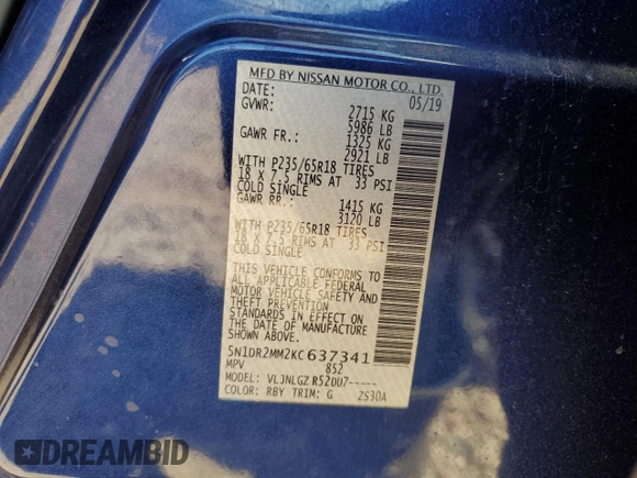 2019 Nissan Pathfinder Platinum with VIN 5N1DR2MM2KC637341, listed as a Copart auction lot 55355925 with 82,808 mi miles and Salvage title. Bid and sale history available at DreamBid. Image 13.