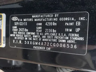 2012 Kia Optima LX with VIN 5XXGM4A72CG006536, listed as a IAAI auction lot 41593608 with 262,326 mi miles. Bid and sale history available at carsss.com. Image 9.