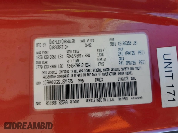 2002 Dodge 1500 with VIN 1D7HA16K22J221925, listed as a Copart auction lot 42262995 with 261,852 mi miles and Clean Title. Bid and sale history available at DreamBid. Image 12.