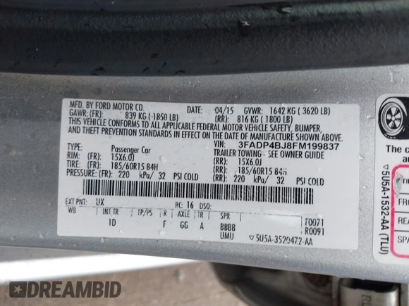 2015 Ford Fiesta SE with VIN 3FADP4BJ8FM199837, listed as a IAAI auction lot 42047680 with 159,177 mi miles. Bid and sale history available at carsss.com. Image 9.