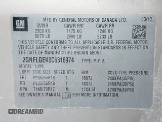 2012 Chevrolet Equinox LTZ with VIN 2GNFLGEK0C6316974, listed as a IAAI auction lot 41300543 with 107,092 mi miles. Bid and sale history available at carsss.com. Image 9.