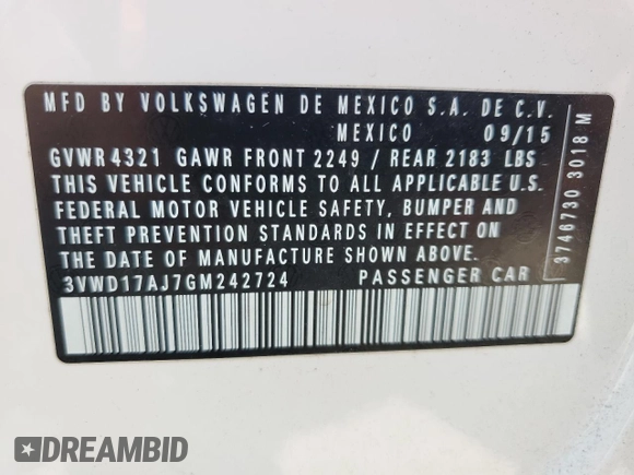 2016 Volkswagen Jetta Sport with VIN 3VWD17AJ7GM242724, listed as a Copart auction lot 59656145 with 116,959 mi miles and Salvage title. Bid and sale history available at DreamBid. Image 12.