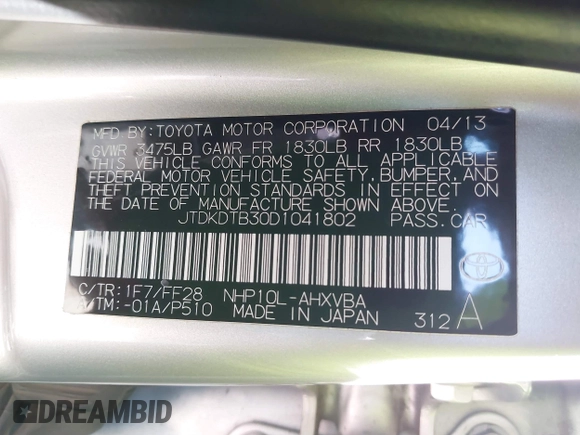 2013 Toyota Prius One z VIN JTDKDTB30D1041802, wystawiony jako IAAI lot #42207972 z przebiegiem 233 300 mil mil oraz . Historia ofert i sprzedaży dostępna na DreamBid. Obrazek 9.