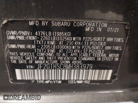 2021 Subaru Crosstrek Special Sports with VIN JF2GTHSC8MH383979, listed as a IAAI auction lot 42303825 with 28,003 mi miles and . Bid and sale history available at DreamBid. Image 9.