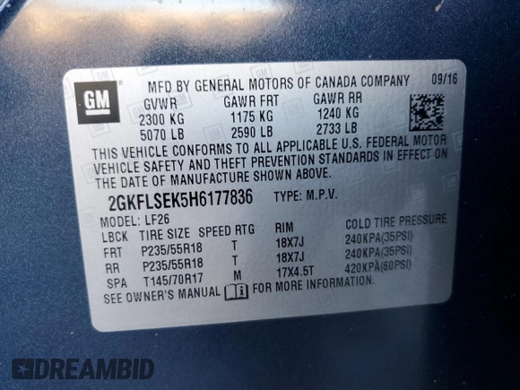 2017 GMC Terrain SLE with VIN 2GKFLSEK5H6177836, listed as a Copart auction lot 45338465 with 79,702 mi miles and Salvage Title. Bid and sale history available at DreamBid. Image 13.