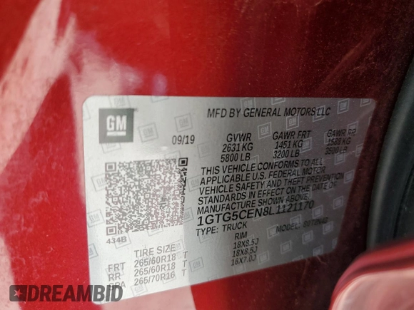 2020 GMC Canyon 2WD SLE with VIN 1GTG5CEN8L1121170, listed as a Copart auction lot 87121844 with 0 mi miles and Salvage Title. Bid and sale history available at carsss.com. Image 15.