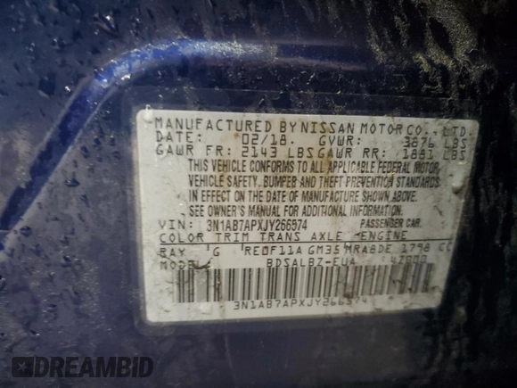2018 Nissan Sentra SR with VIN 3N1AB7APXJY266574, listed as a Copart auction lot 52715255 with 103,908 mi miles and Salvage Title. Bid and sale history available at DreamBid. Image 13.